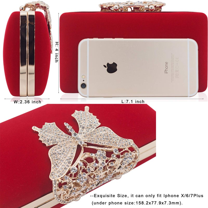 DEXMAY DM Dexmay Unique Velvet Clutch with Rhinestone Crystal Butterfly Clasp Women Evening Bag for Formal Party Red - Image 5